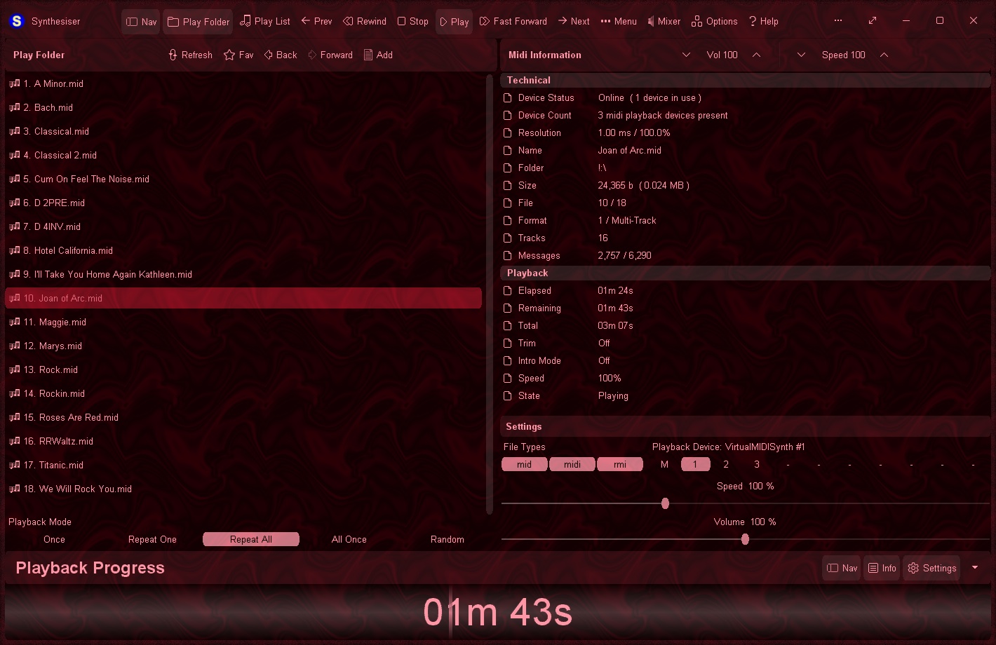 Synthesiser in the "Deep Red 2" color scheme (Options > Color) and animated background scheme "Swell" (Options > Background)
Click to view image full size in a new tab